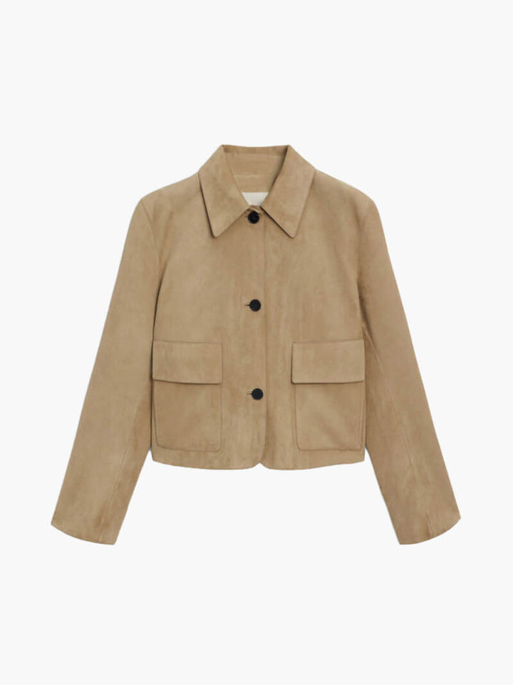 Damen Wildlederjacke Beige kurz | Klassische Kurzjacke mit Kragen, Knopfverschluss und großen Fronttaschen für Frühling und Herbst