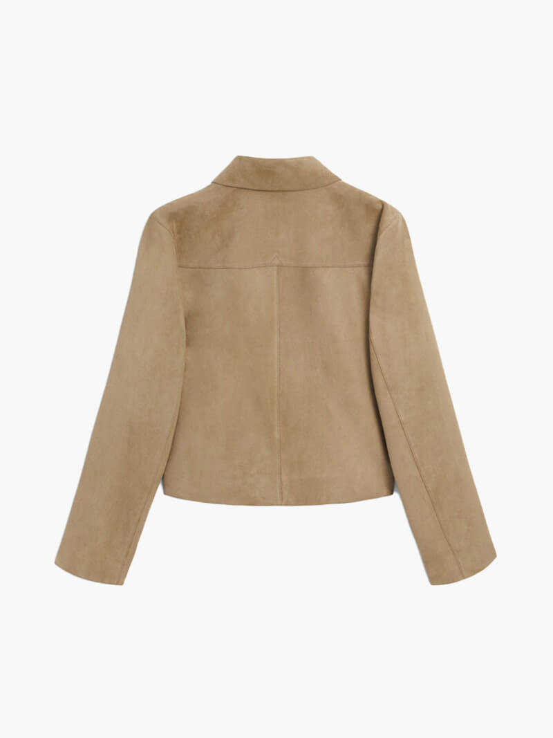 Damen Wildlederjacke Beige kurz | Klassische Kurzjacke mit Kragen, Knopfverschluss und großen Fronttaschen für Frühling und Herbst