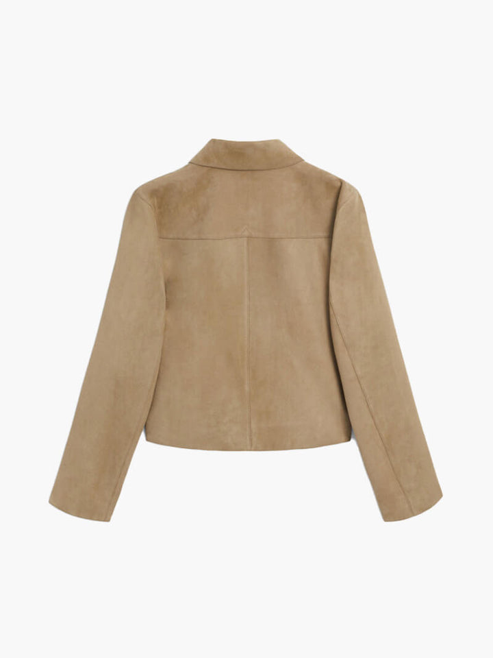 Damen Wildlederjacke Beige kurz | Klassische Kurzjacke mit Kragen, Knopfverschluss und großen Fronttaschen für Frühling und Herbst