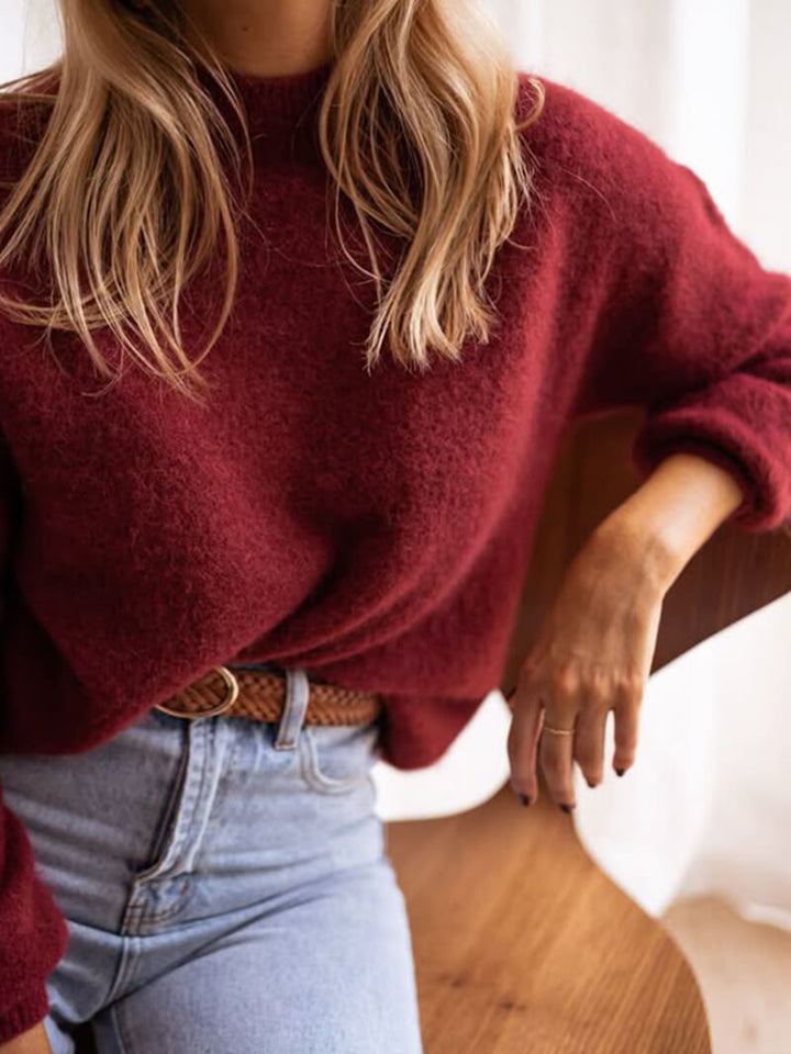 Damen Strickpullover in Bordeaux mit Rundhals | Warmer, weicher Pullover mit lockerer Passform für Herbst, Winter und Alltag