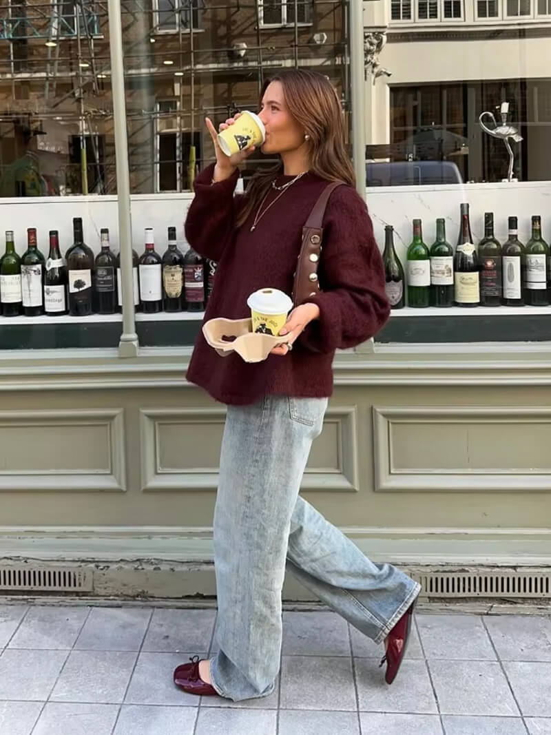 Damen Strickpullover in Bordeaux mit Rundhals | Warmer, weicher Pullover mit lockerer Passform für Herbst, Winter und Alltag