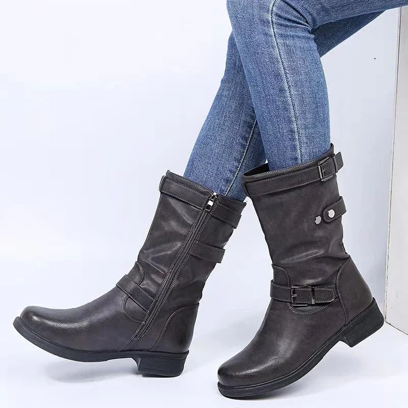 Bikerstiefel Damen | Wadenhohe Boots mit Schnallen für Herbst, Winter und City-Looks