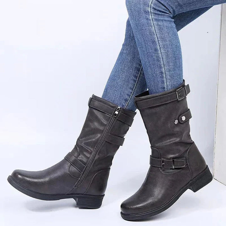Bikerstiefel Damen | Wadenhohe Boots mit Schnallen für Herbst, Winter und City-Looks