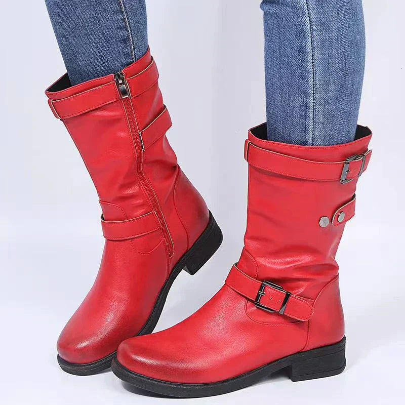 Bikerstiefel Damen | Wadenhohe Boots mit Schnallen für Herbst, Winter und City-Looks