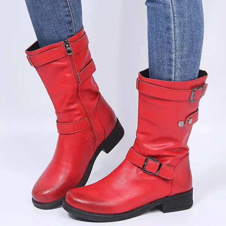 Bikerstiefel Damen | Wadenhohe Boots mit Schnallen für Herbst, Winter und City-Looks