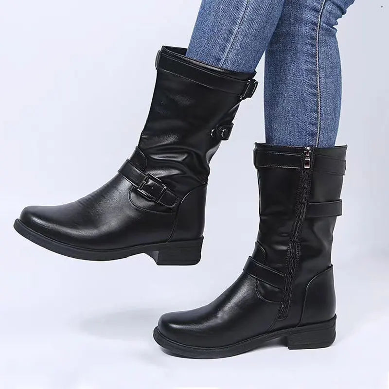 Bikerstiefel Damen | Wadenhohe Boots mit Schnallen für Herbst, Winter und City-Looks
