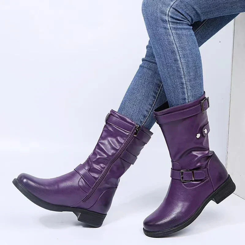 Bikerstiefel Damen | Wadenhohe Boots mit Schnallen für Herbst, Winter und City-Looks