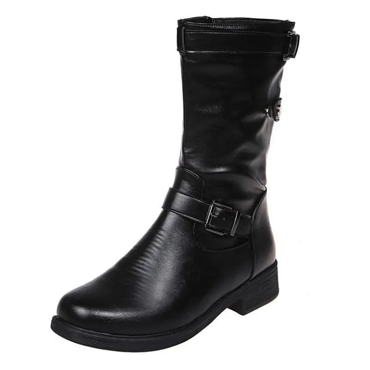 Bikerstiefel Damen | Wadenhohe Boots mit Schnallen für Herbst, Winter und City-Looks