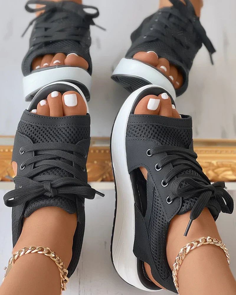 Damen Schnürsandalen mit Plateau-Sohle | Gepolstertes Fußbett &amp; stabiler Halt | Bequem für Sommer &amp; Alltag, trendiger Look