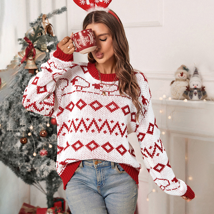 Damen Weihnachtspullover mit Rentier und Schneeflocken | Warmer Strickpullover mit lockerer Passform, Rundhals und Rippbündchen