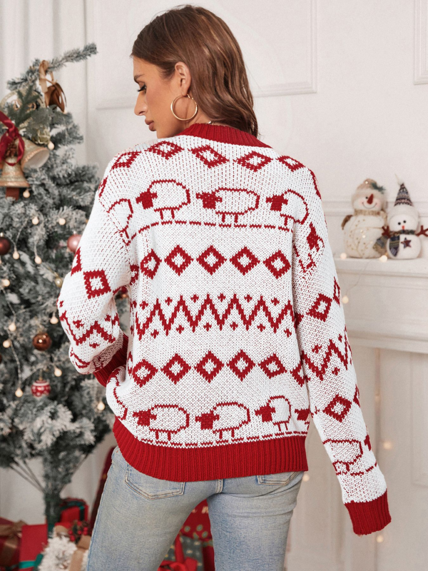 Damen Weihnachtspullover mit Rentier und Schneeflocken | Warmer Strickpullover mit lockerer Passform, Rundhals und Rippbündchen