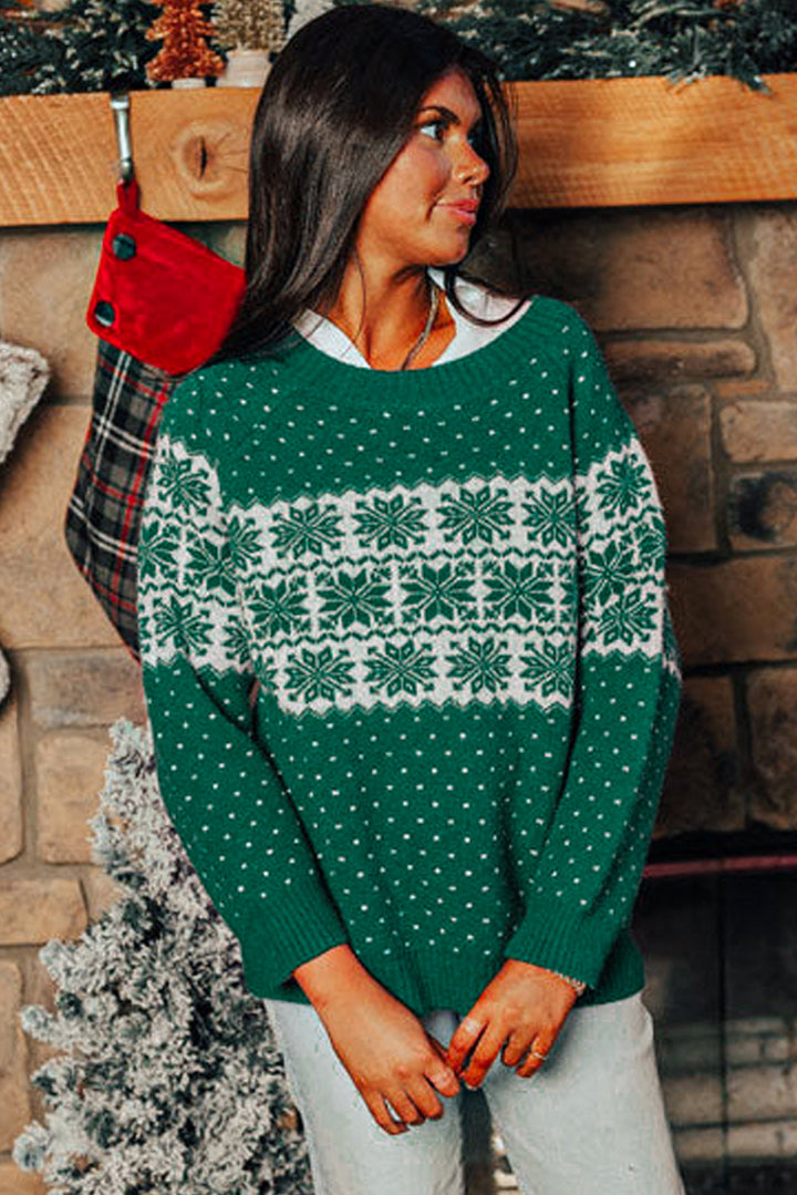 Damen Weihnachtspullover mit Schneeflocken | Weicher Strickpullover mit Punktemuster, Rundhalsausschnitt und langen Ärmeln
