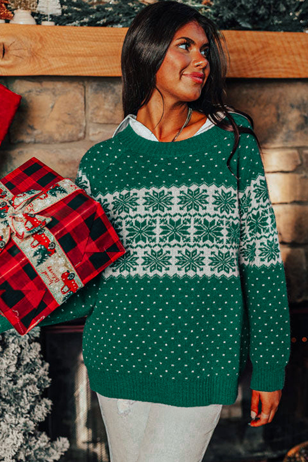Damen Weihnachtspullover mit Schneeflocken | Weicher Strickpullover mit Punktemuster, Rundhalsausschnitt und langen Ärmeln