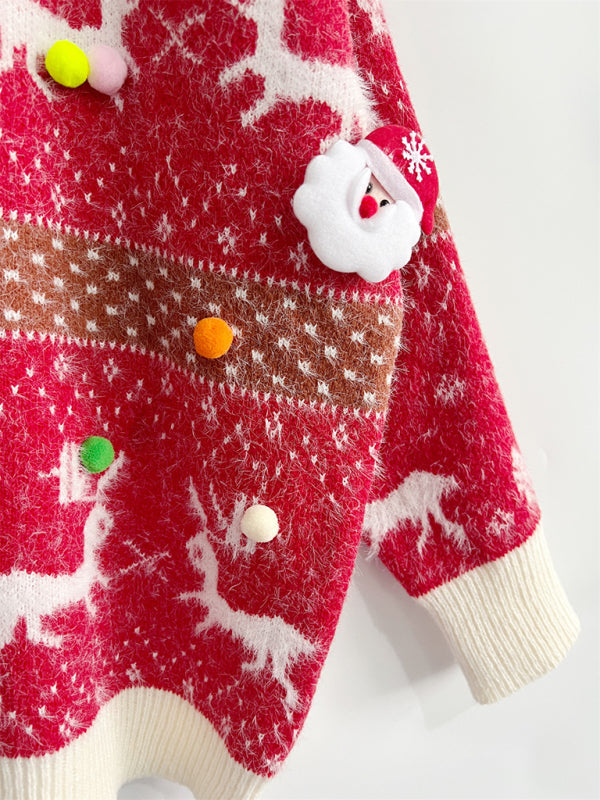 Damen Weihnachtspullover mit Schal | Flauschiges Strickset mit Rentiermotiv, Bommelverzierung und kontrastierenden Rippbündchen