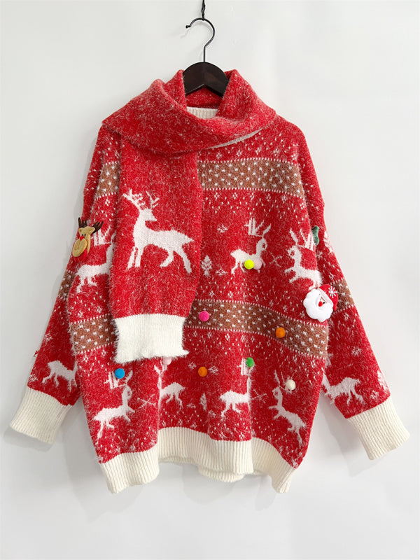 Damen Weihnachtspullover mit Schal | Flauschiges Strickset mit Rentiermotiv, Bommelverzierung und kontrastierenden Rippbündchen