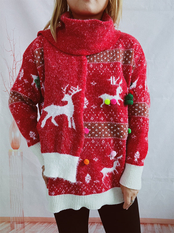Damen Weihnachtspullover mit Schal | Flauschiges Strickset mit Rentiermotiv, Bommelverzierung und kontrastierenden Rippbündchen