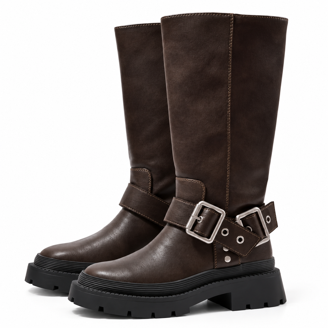 Damen Biker-Reitstiefel kniehoch | Robuste Stiefel mit ergonomischem Fußbett und strapazierfähiger Sohle | Größen 34–40