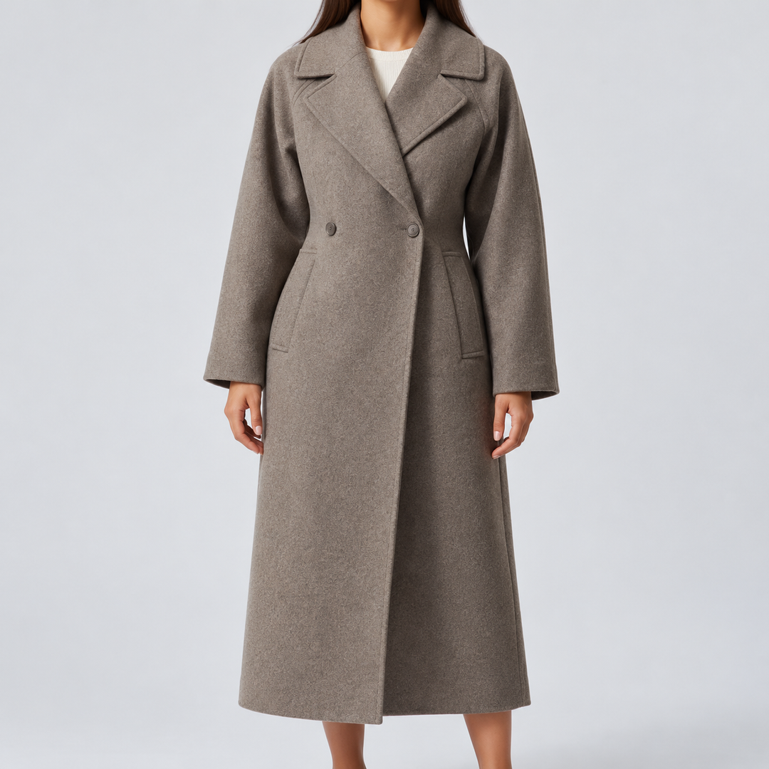 Damen Mantel lang mit Reverskragen | Zweireihiger Mantel mit Knopfverschluss, geradem Schnitt und Seitentaschen für elegante Outfits