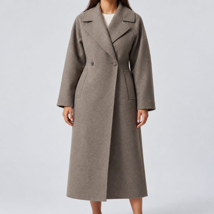 Damen Mantel lang mit Reverskragen | Zweireihiger Mantel mit Knopfverschluss, geradem Schnitt und Seitentaschen für elegante Outfits