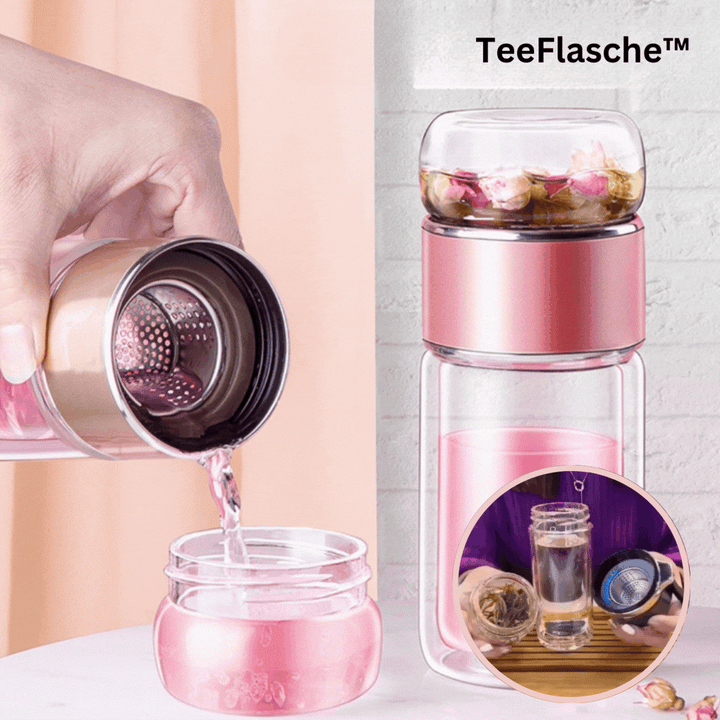 Double-walled glass tea bottle with tea filter | Leak-proof &amp; to-go | For loose tea, herbal tea &amp; tea bags