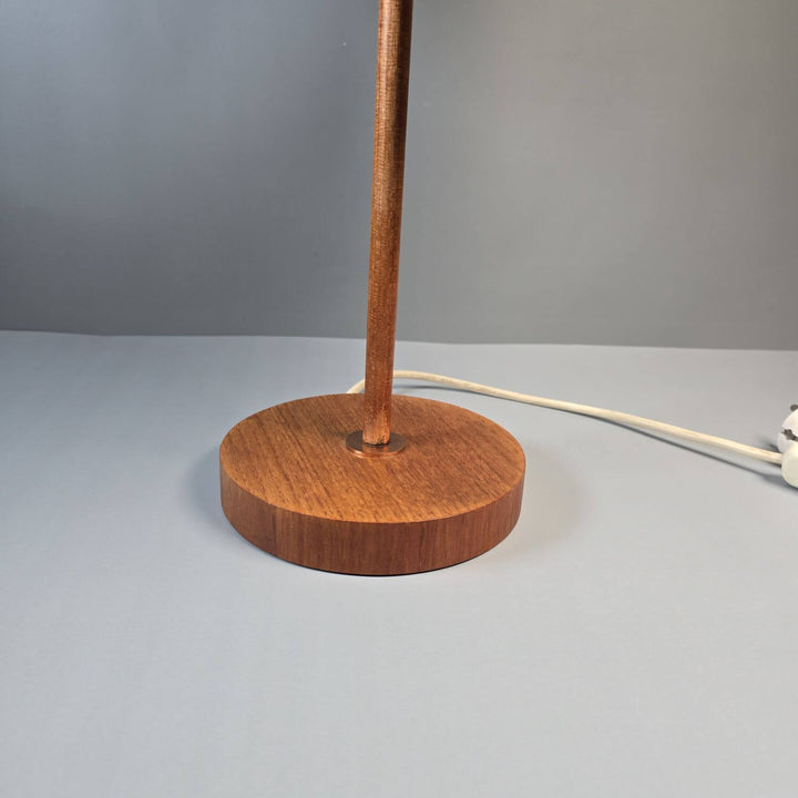 Tischlampe aus Teakholz | Vintage Mid-Century Tischleuchte mit rundem Stoffschirm und 2 E27-Fassungen