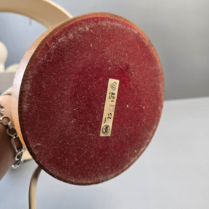 Tischlampe aus Teakholz | Vintage Mid-Century Tischleuchte mit rundem Stoffschirm und 2 E27-Fassungen