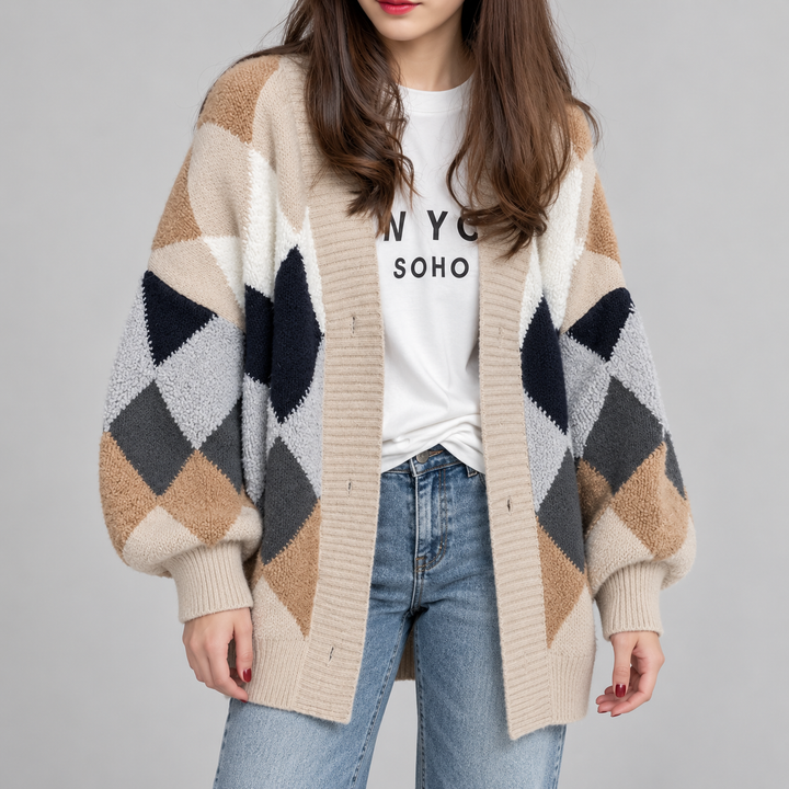 Damen Cardigan mit Karomuster und V-Ausschnitt | Oversized Strickjacke mit Knopfleiste, Ballonärmeln und lockerer Passform