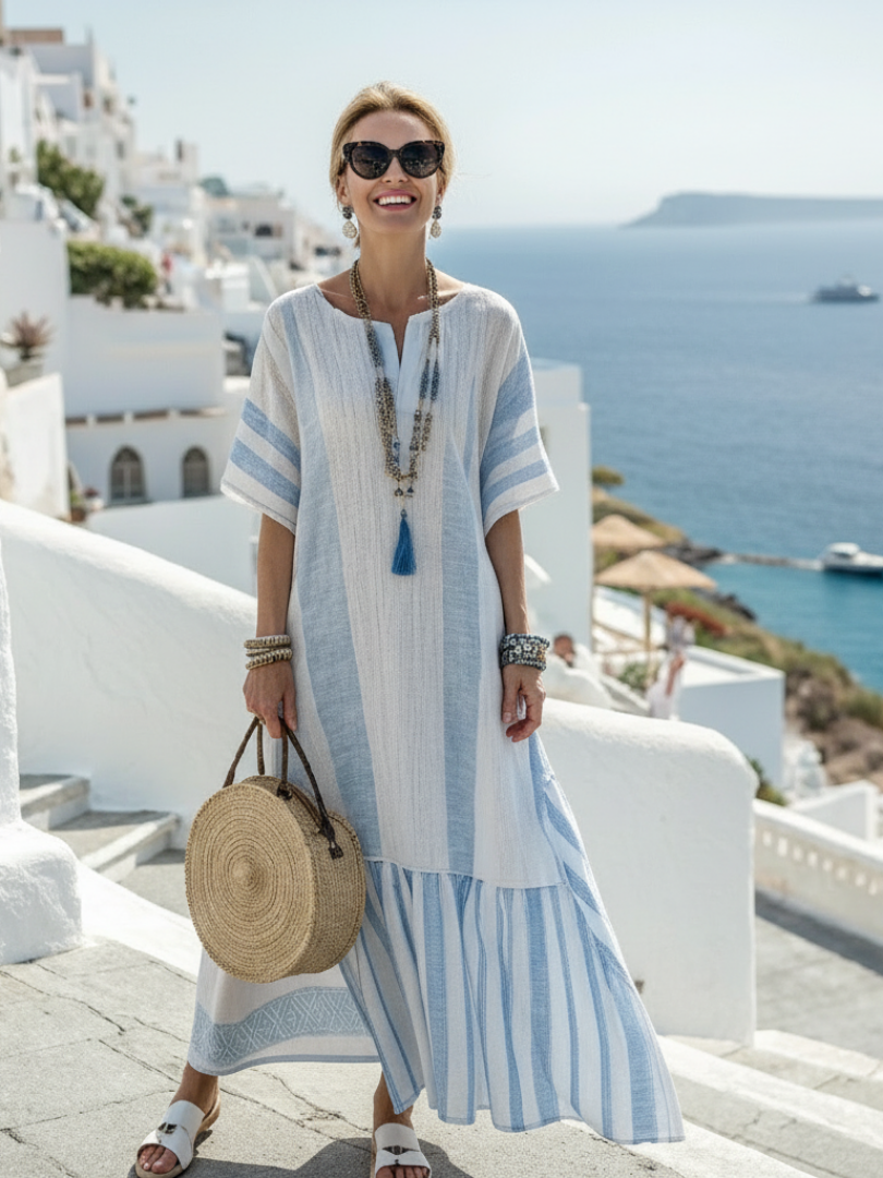 Damen Maxi Kleid mit Streifen &amp; Rundhalsausschnitt | Lockeres Sommerkleid mit Kurzarm | Luftig &amp; Fließend | Bequeme Passform