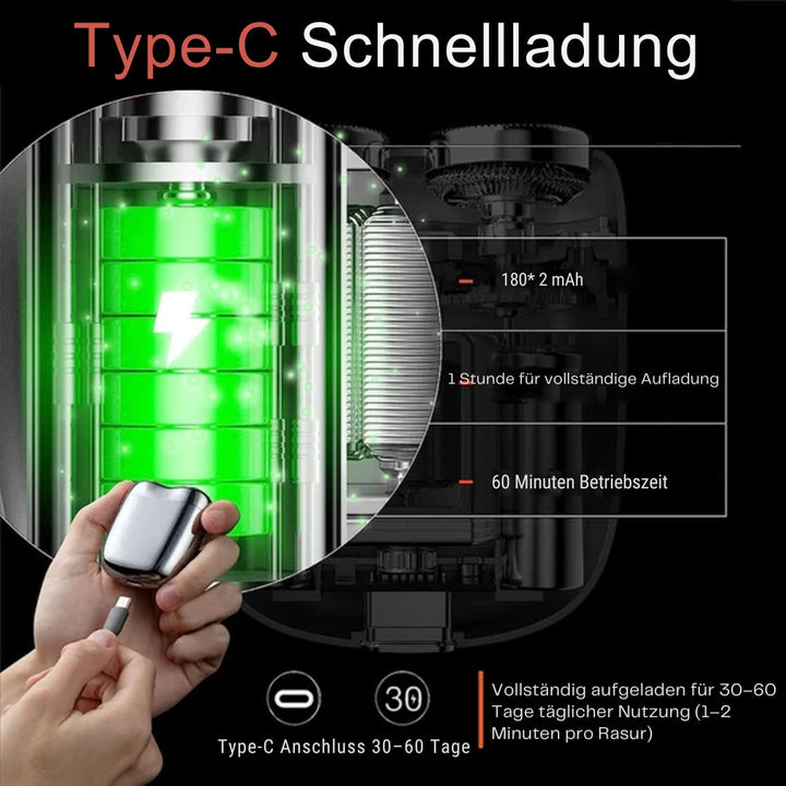 Elektrorasierer wasserdicht IPX6 | Kompakter USB-Rasierer mit 60 Min. Akkulaufzeit für Nass- &amp; Trockenrasur