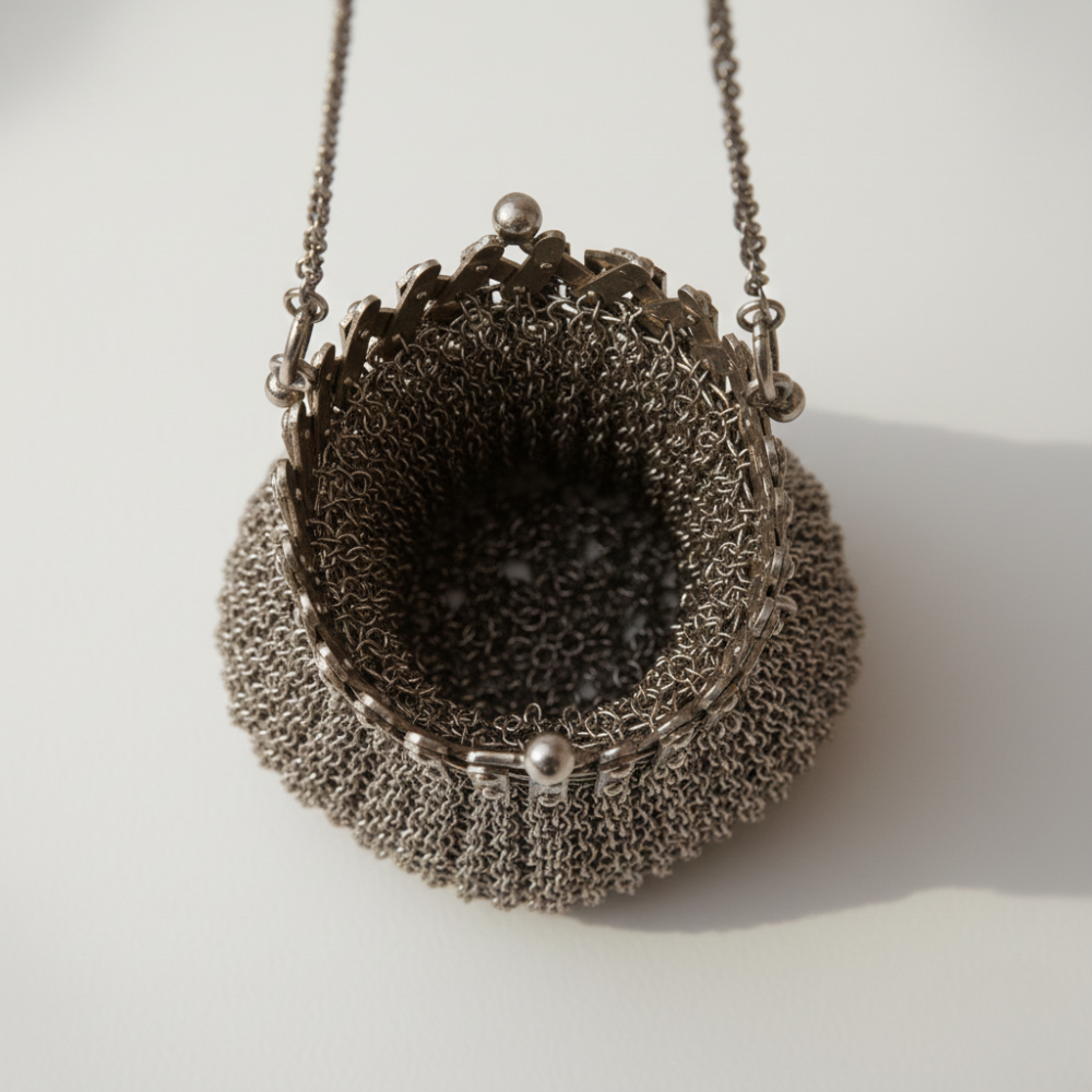 Vintage Kettenmaille Abendtasche im 1920er Stil | Handgefertigte Metalltasche für Lippenstift &amp; Kleinigkeiten | Silberfarbener Statement-Begleiter