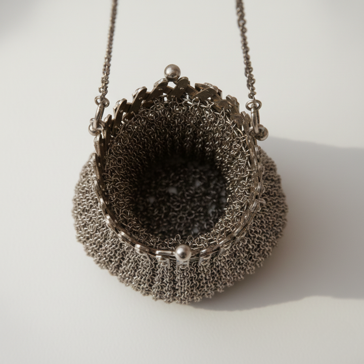 Vintage Kettenmaille Abendtasche im 1920er Stil | Handgefertigte Metalltasche für Lippenstift &amp; Kleinigkeiten | Silberfarbener Statement-Begleiter