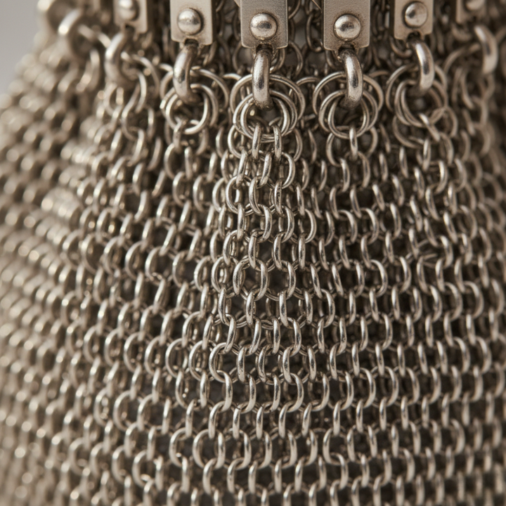 Vintage Kettenmaille Abendtasche im 1920er Stil | Handgefertigte Metalltasche für Lippenstift &amp; Kleinigkeiten | Silberfarbener Statement-Begleiter