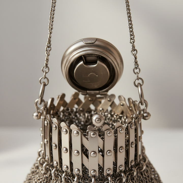 Vintage Kettenmaille Abendtasche im 1920er Stil | Handgefertigte Metalltasche für Lippenstift &amp; Kleinigkeiten | Silberfarbener Statement-Begleiter