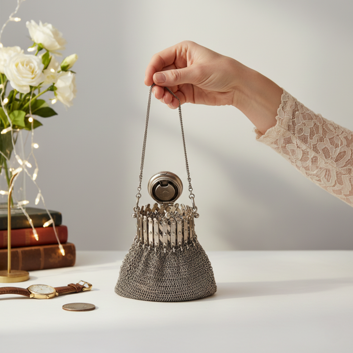 Vintage Kettenmaille Abendtasche im 1920er Stil | Handgefertigte Metalltasche für Lippenstift &amp; Kleinigkeiten | Silberfarbener Statement-Begleiter