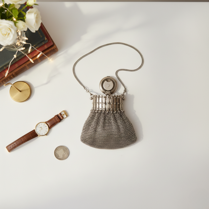 Vintage Kettenmaille Abendtasche im 1920er Stil | Handgefertigte Metalltasche für Lippenstift &amp; Kleinigkeiten | Silberfarbener Statement-Begleiter
