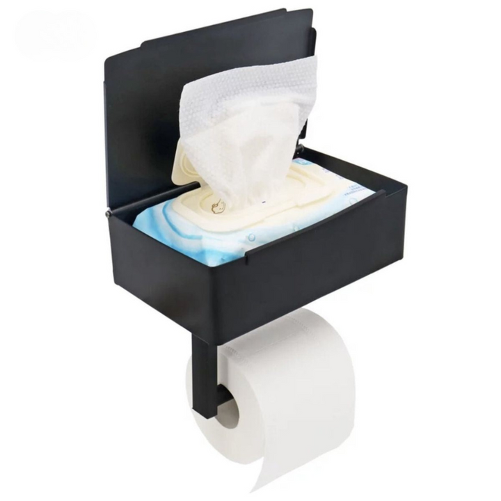 WC-paperiteline ruostumatonta terästä, hyllyllä | Puhelin- ja kosteuspyyhkeiden lokero | 20,5×13×6,5 cm | Kiinnitys liimalla tai ruuveilla, ruosteenkestävä