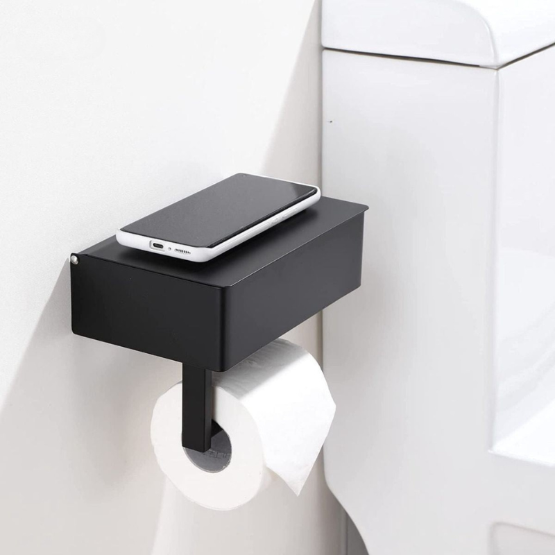 WC-paperiteline ruostumatonta terästä, hyllyllä | Puhelin- ja kosteuspyyhkeiden lokero | 20,5×13×6,5 cm | Kiinnitys liimalla tai ruuveilla, ruosteenkestävä