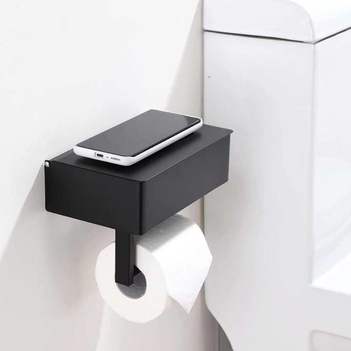 WC-paperiteline ruostumatonta terästä, hyllyllä | Puhelin- ja kosteuspyyhkeiden lokero | 20,5×13×6,5 cm | Kiinnitys liimalla tai ruuveilla, ruosteenkestävä