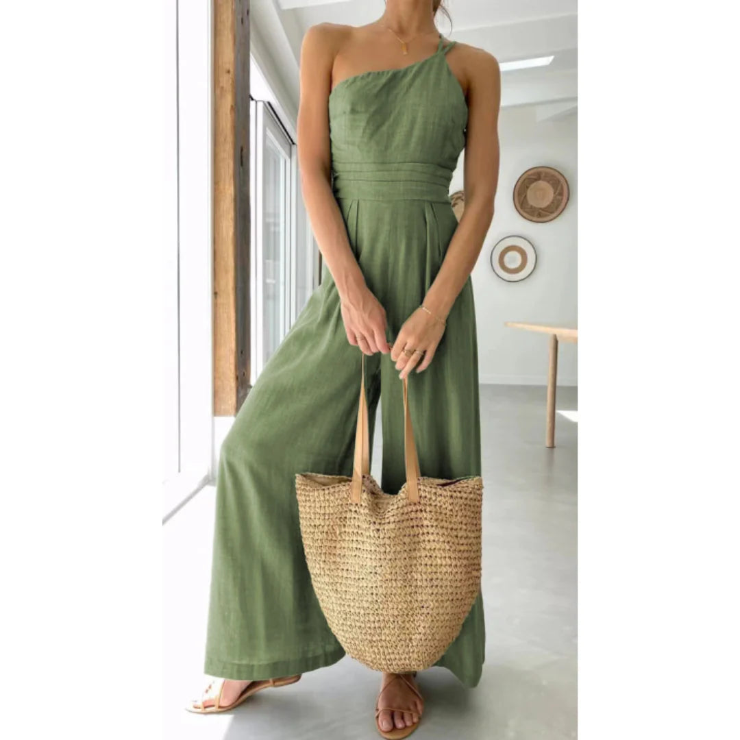 Dámsky letný jumpsuit s jedným ramenom | Široké nohavice