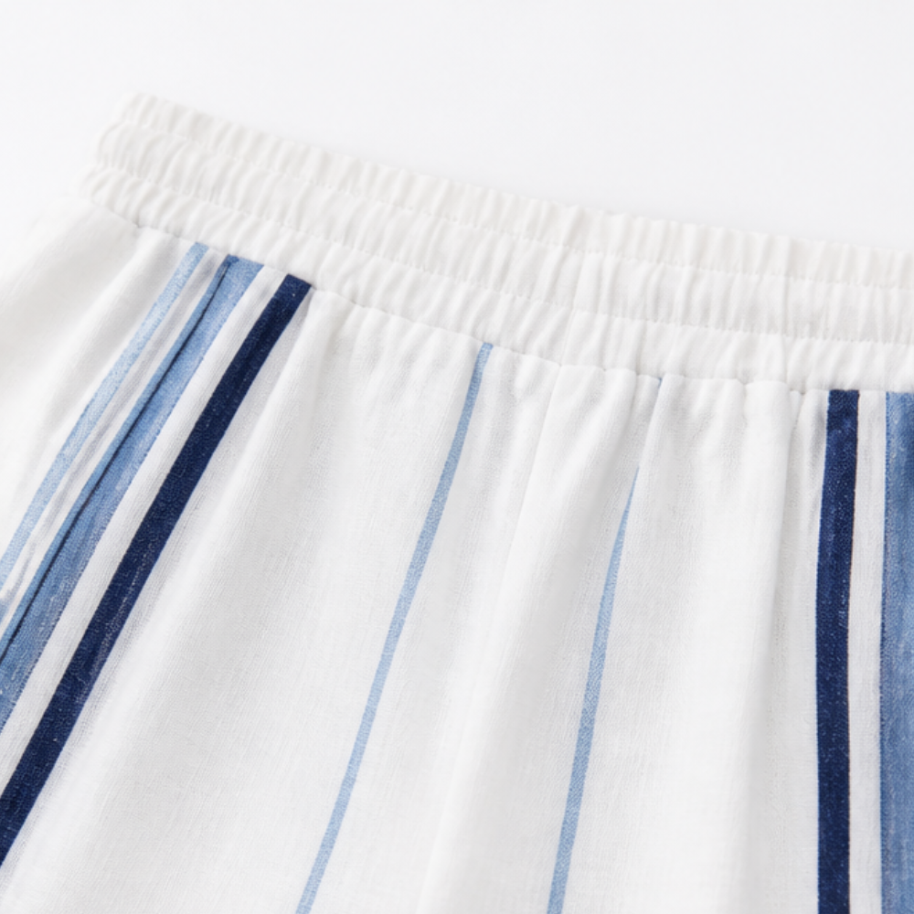 Damen 2-teiliges Streifen-Set | Luftiges Hemd mit Knopfleiste + Shorts mit Gummibund &amp; Taschen | Sommer, Urlaub, Strand