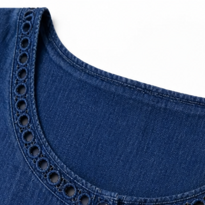 Abito midi da donna in lino con ricamo a occhiello | Linea A, leggero e morbido | 70% cotone, 30% lino, abito estivo