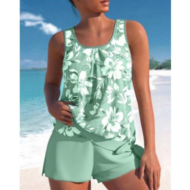 Damen Tankini-Set zweifarbig mit Blumendruck | Bügelloses Top &amp; Shorts | Bequeme Bademode für Strand und Pool