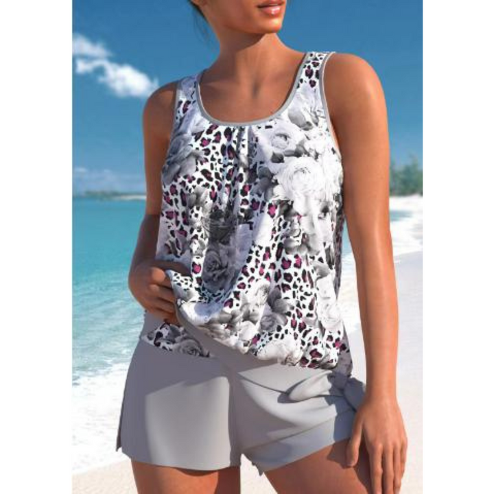 Damen Tankini-Set zweifarbig mit Blumendruck | Bügelloses Top &amp; Shorts | Bequeme Bademode für Strand und Pool