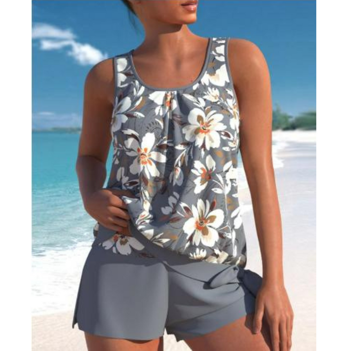Damen Tankini-Set zweifarbig mit Blumendruck | Bügelloses Top &amp; Shorts | Bequeme Bademode für Strand und Pool