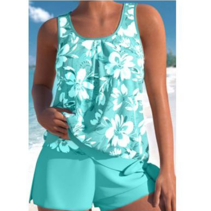 Damen Tankini-Set zweifarbig mit Blumendruck | Bügelloses Top &amp; Shorts | Bequeme Bademode für Strand und Pool