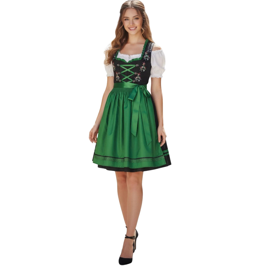 Damen Dirndl Schwarz Grün | Trachtenkleid Set mit weißer Bluse, Schnürmieder, Stickerei und Schürze