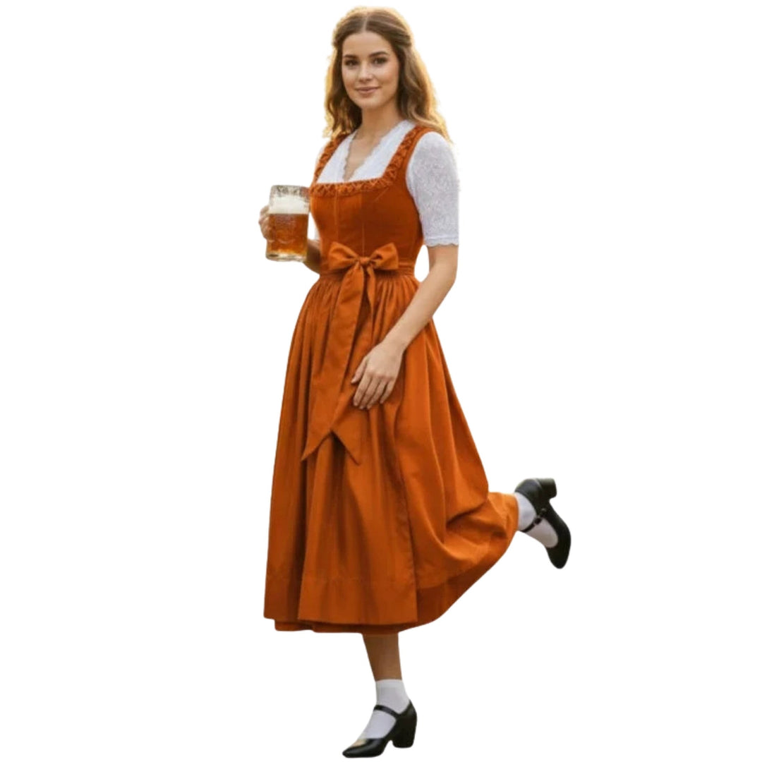 Damen Dirndl Rostorange | Midi Trachtenkleid Set mit weißer Spitzenbluse, eckigem Ausschnitt und Schleife