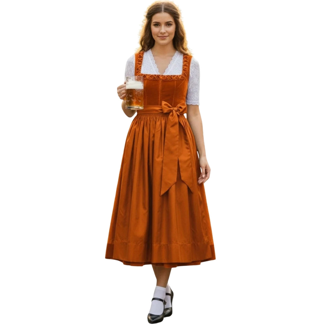 Damen Dirndl Rostorange | Midi Trachtenkleid Set mit weißer Spitzenbluse, eckigem Ausschnitt und Schleife