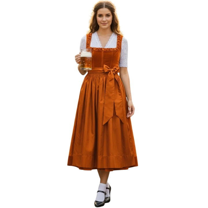 Damen Dirndl Rostorange | Midi Trachtenkleid Set mit weißer Spitzenbluse, eckigem Ausschnitt und Schleife