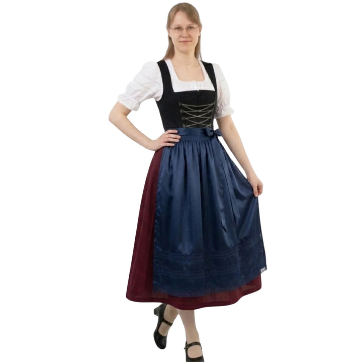 Damen Dirndl Bordeaux Navy | Trachtenkleid Set mit weißer Bluse, Schnürmieder und Satin-Schürze
